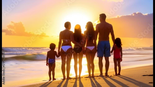 happy family on the tropical beach looking at beautiful landscape, at the sunset