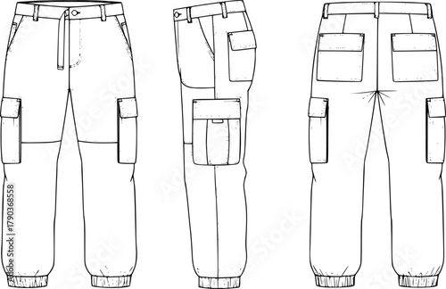 Cargo pants technical sketch, flat fashion vector, CAD illustration for apparel design, front side back view, clothing template mockup