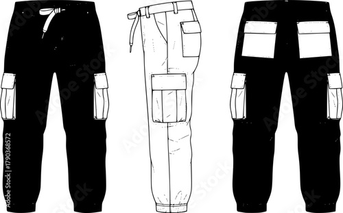 Cargo pants technical sketch, flat fashion vector, CAD illustration for apparel design, front side back view, clothing template mockup