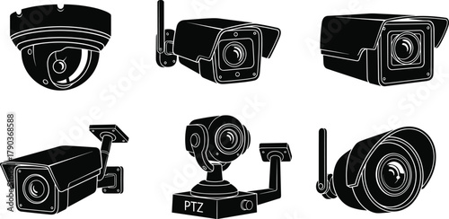 Set of different black silhouette security cameras, CCTV system, surveillance camera collection, modern technology, home safety, and monitoring icons, vector illustration