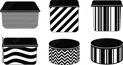 Set of decorative container silhouette vector illustration with geometric patterns, striped, wavy, zigzag designs for packaging, storage, branding, product design