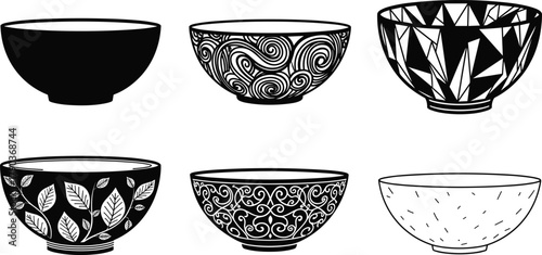 Set of decorative bowl silhouette vector illustrations with floral, geometric, and abstract designs for home decor and craft artwork