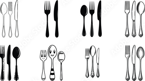 Set of cutlery icons, spoon fork knife silhouette collection, black and white kitchen utensils, restaurant tools, dining equipment vector illustration