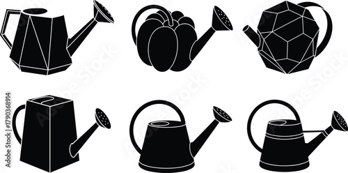 Set of creative watering can vector silhouettes, modern geometric and pumpkin shape garden tools, black white gardening design illustration