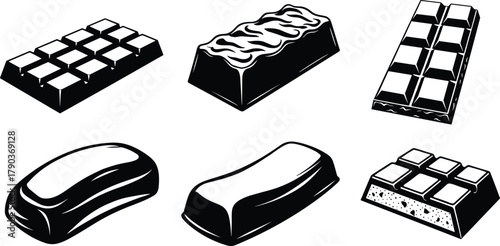 Set of chocolate bar silhouette vector illustration with candy block, dessert snack, sweet food design, cocoa treat packaging collection