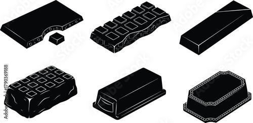 Set of chocolate bar silhouette vector illustration with different shapes, designs, candy block, snack dessert sweet packaging collection