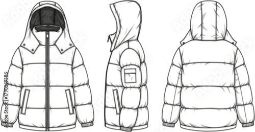 Winter puffer jacket technical flat sketch, front side back view, fashion cad drawing, hooded coat vector, apparel design illustration