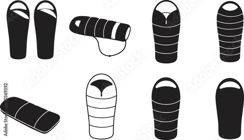 Set of camping sleeping bag icons, outdoor travel gear collection, hiking and adventure equipment in black silhouette vector illustration design