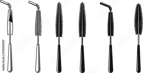 Set of bottle cleaning brushes with long handles, black and white vector illustration for household hygiene and cleaning equipment design