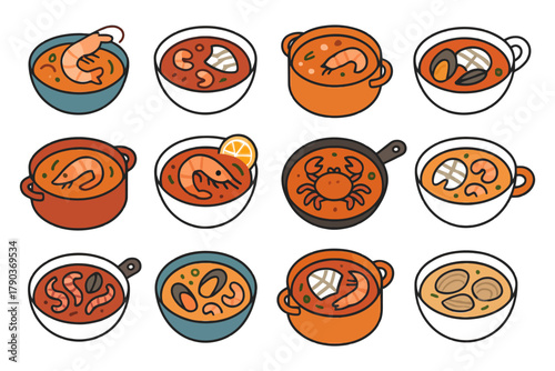 Assortment of seafood dishes with shrimp, crab, and mussels in colorful bowls.