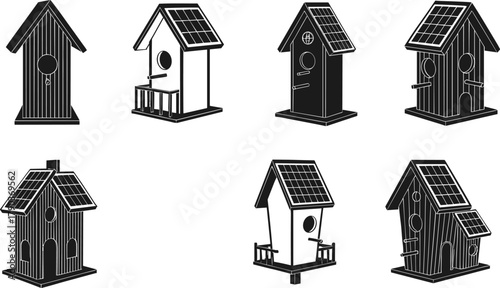 Set of black wooden birdhouses with solar panels, garden nesting boxes silhouette vector illustration, eco friendly bird home design