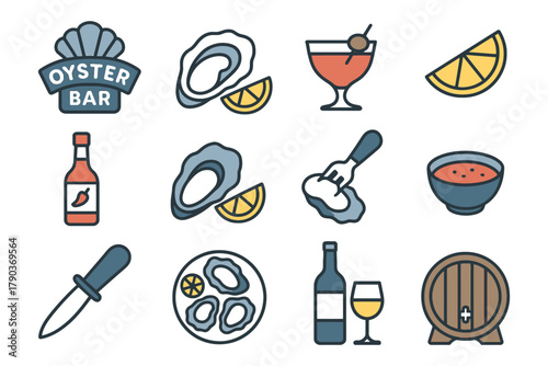Oyster bar icons: oysters, drinks, lemon, hot sauce, seafood knife, wine, barrel.