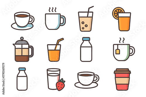 Variety of drinks: coffee, tea, juice, milk, and bottled beverages icons.