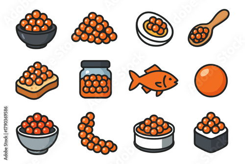 Colorful icons of fish roe in various dishes and containers.