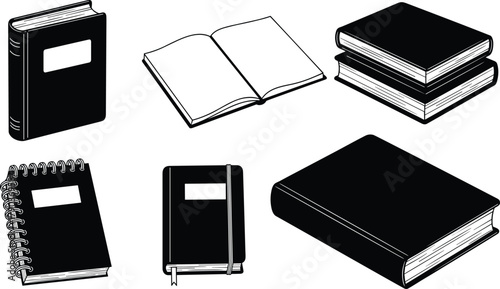 Set of book illustrations, open and closed books collection, black and white notebook drawing, education literature object design, vector isolated icons