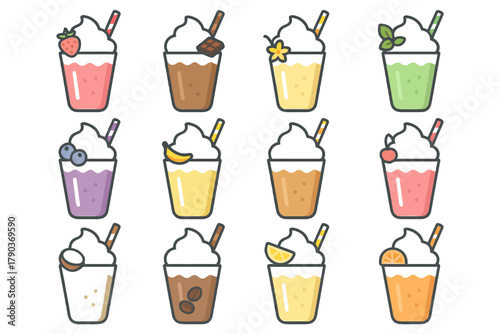 Colorful assortment of twelve refreshing smoothies with fruit and cream toppings.