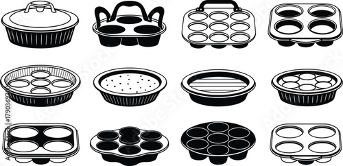 Set of black silhouette muffin pans, baking trays, cupcake molds, kitchen utensils vector illustration, isolated cooking elements on white background