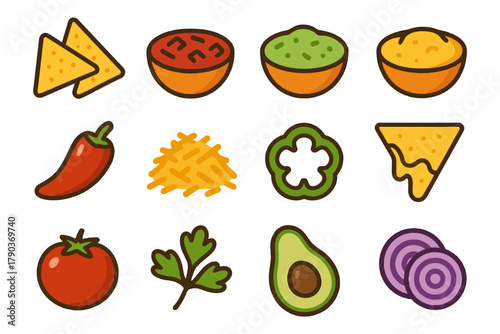 Colorful mexican food icons: nachos, salsa, guacamole, and veggies.