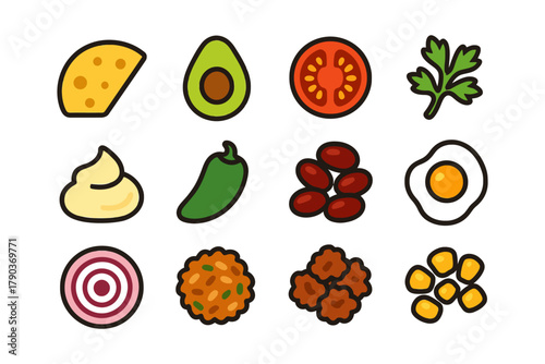 Colorful icon set of various food ingredients and vegetables on white background.