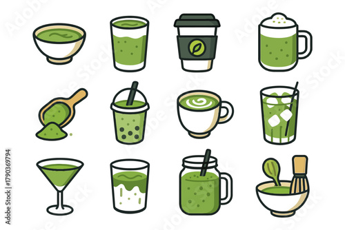 Variety of matcha drinks and desserts icons featuring cups and glasses.