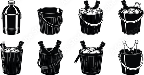 Set of black ice buckets with beer bottles and cans, drink cooler vector illustration for bar, party and picnic design