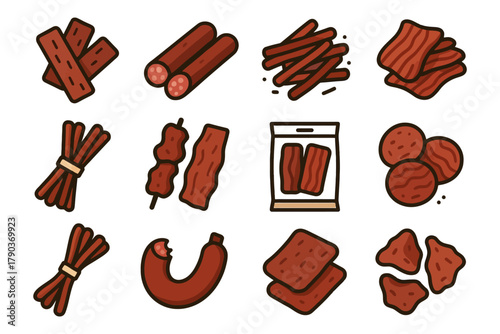Variety of savory snack foods including jerky and sausages.