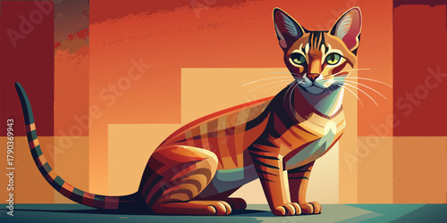 Elegant Abyssinian cat with striking stripes sits gracefully against an orange backdrop