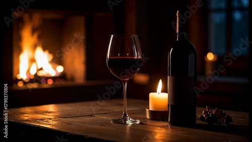 red wine and candle with a bottle and a cozy place in a house with fireplace