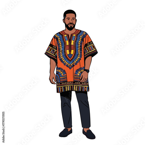 Man wearing traditional dashiki with colorful patterns standing proudly  