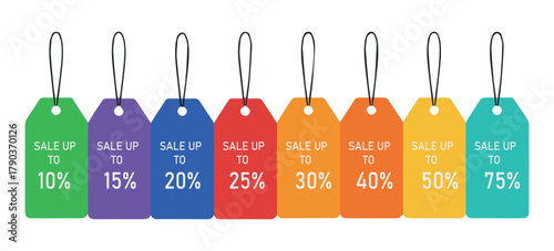 Colorful sale tags with different discount percentages displayed