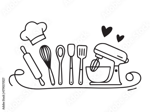 Hand drawn baking utensils and chef hat with hearts illustration