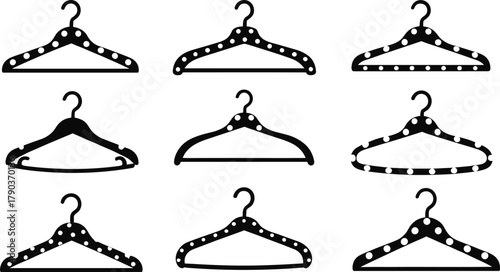 Set of black and white hanger silhouettes, clothing accessory design, minimalist wardrobe organization icons, fashion boutique vector illustration