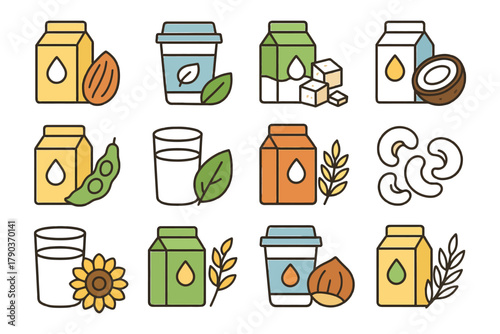 Variety of plant-based milk options illustrated in colorful icons.