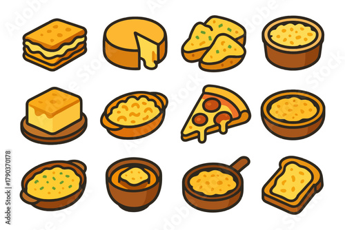 Variety of cheese dishes - lasagna, pizza, macaroni, cheese blocks, fondue.