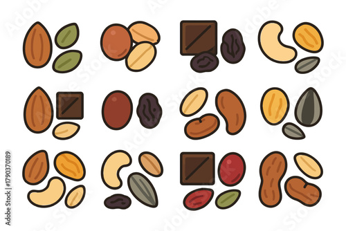 Assorted nut and chocolate mix with seeds and dried fruits.