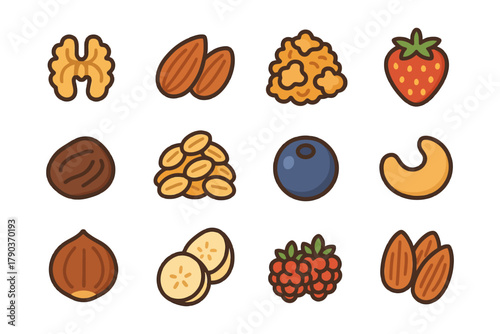 Colorful cartoon icons of nuts and berries including walnuts and strawberries.