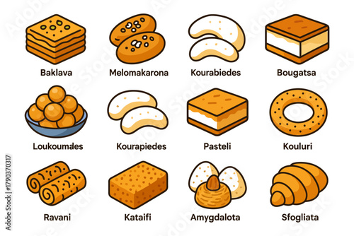 Greek pastries and desserts overview with baklava, kourabiedes, loukoumades, and more.
