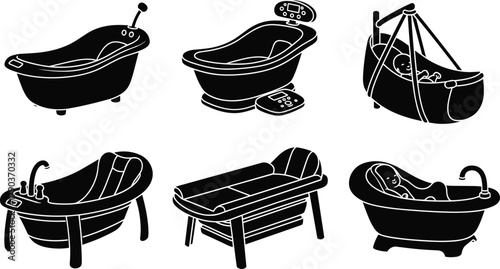 Set of baby bathtub silhouette vector illustration, modern infant bathing tub design, newborn care, hygiene, and baby shower accessories