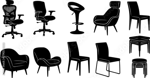Silhouette collection of modern chairs and stools, bar seating, office furniture, ergonomic designs, vector icons for interior, furniture, and lifestyle themes 