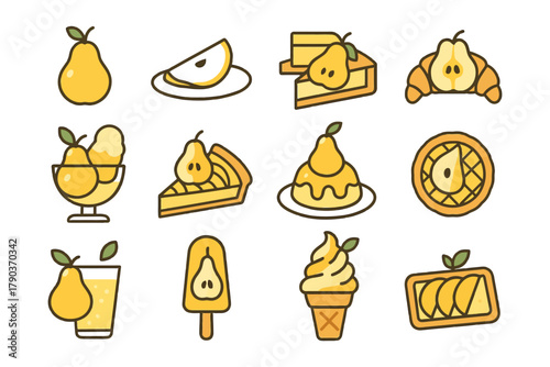 Stylized pear-themed desserts and treats illustration.