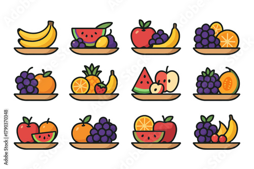 Assorted fruit platters featuring bananas, apples, and grapes.