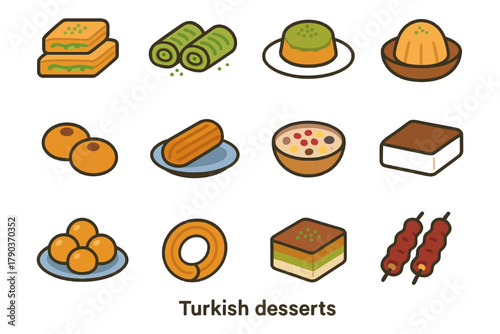Illustration of eleven iconic turkish desserts: baklava, kunefe, sekerpare, and more.