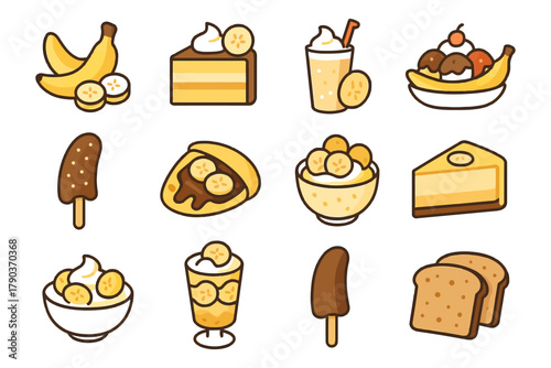 Assorted banana-themed desserts and treats including pie, cake, and ice cream.