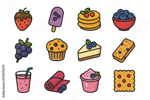 Assorted berry desserts and snacks illustration featuring cupcake pancakes and juice.