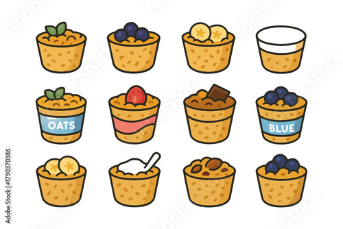 Assorted oatmeal cups with various fruit and toppings design.