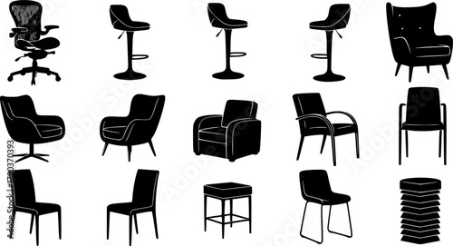 Silhouette collection of modern chairs and stools, bar seating, office furniture, ergonomic designs, vector icons for interior, furniture, and lifestyle themes 