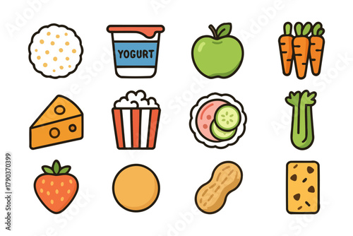 Healthy snack icons: fruits, vegetables, dairy, and grains in flat design.