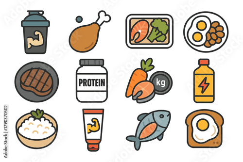 Illustrated fitness nutrition icons featuring protein, meat, vegetables, and energy drinks.