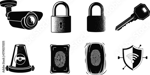Security icon collection, CCTV camera, padlock, fingerprint scanner, key, alarm siren, and shield symbol for digital safety protection design