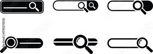 Search bar icon collection, magnifying glass vector, modern web UI design elements, search field interface symbol for website template
